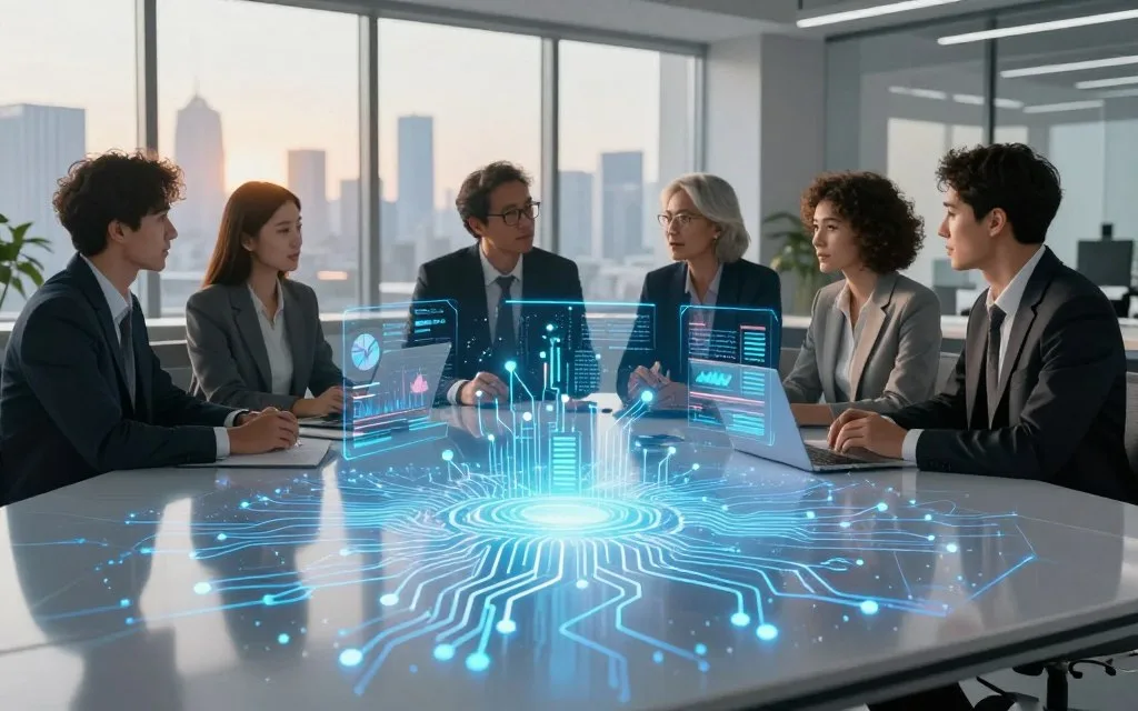 A futuristic digital workspace showcasing advanced machine learning algorithms at play. In the foreground, there are intricate, glowing circuit patterns representing neural networks, dynamically pulsing with light, while holographic charts and data streams float above a sleek, modern workstation. The middle ground features a diverse group of professionals in smart business attire, engaged in deep discussions around a transparent table, with digital interfaces projecting complex algorithms. In the background, a large window reveals a city skyline, bathed in soft, warm sunlight, creating a sense of optimism and innovation. The overall mood is one of collaboration and technological advancement, evoking a safe and inspiring atmosphere for AI development.