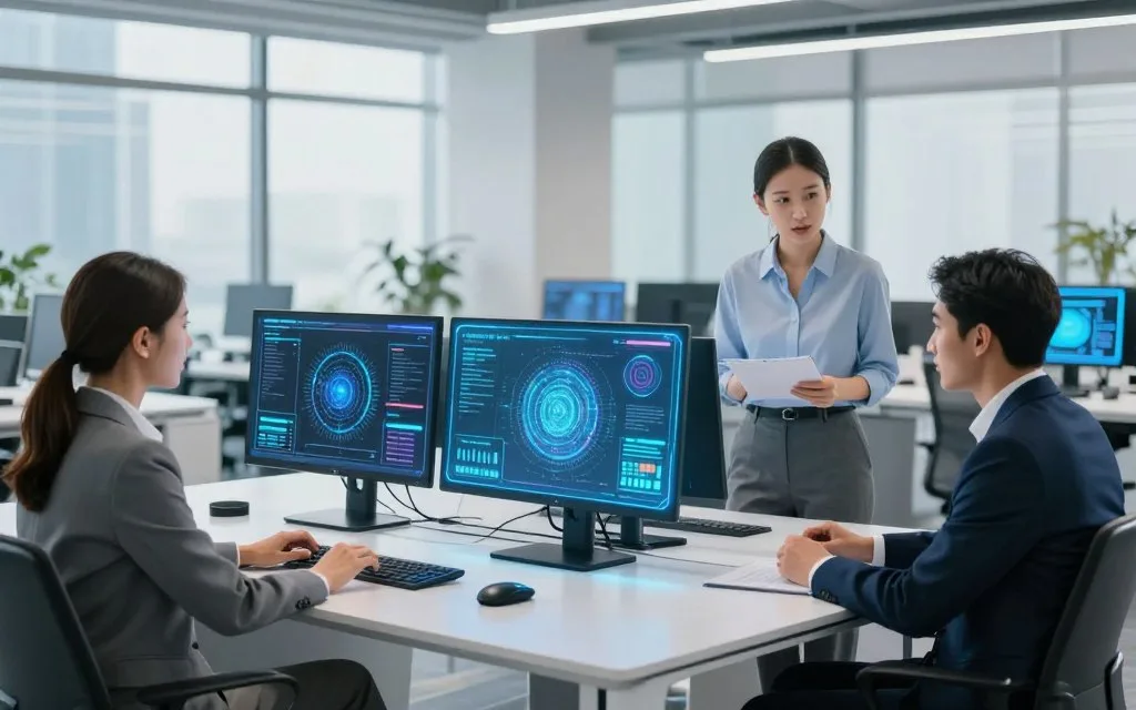 A futuristic workspace showcasing enhanced AI technology. In the foreground, a diverse group of three professionals in business attire are engaged in a collaborative discussion, surrounded by holographic displays featuring AI data and analytics. In the middle ground, a sleek, minimalist desk with advanced computer interfaces and smart devices illustrates user-friendly technology, while the background reveals a modern office environment with large windows, allowing natural light to flood the space, creating a bright and inviting atmosphere. The scene captures a sense of innovation and accessibility, with a color palette of soft blues and whites, emphasizing a clean and sophisticated aesthetic. The lighting is well-balanced, highlighting the technology and the engaged faces of the professionals, conveying a mood of inspiration and forward-thinking.